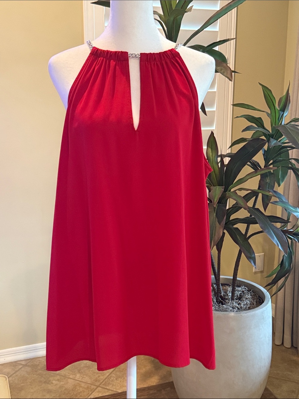 Michael Kors Red Halter Neck Swing Top with Silver Chain Detail